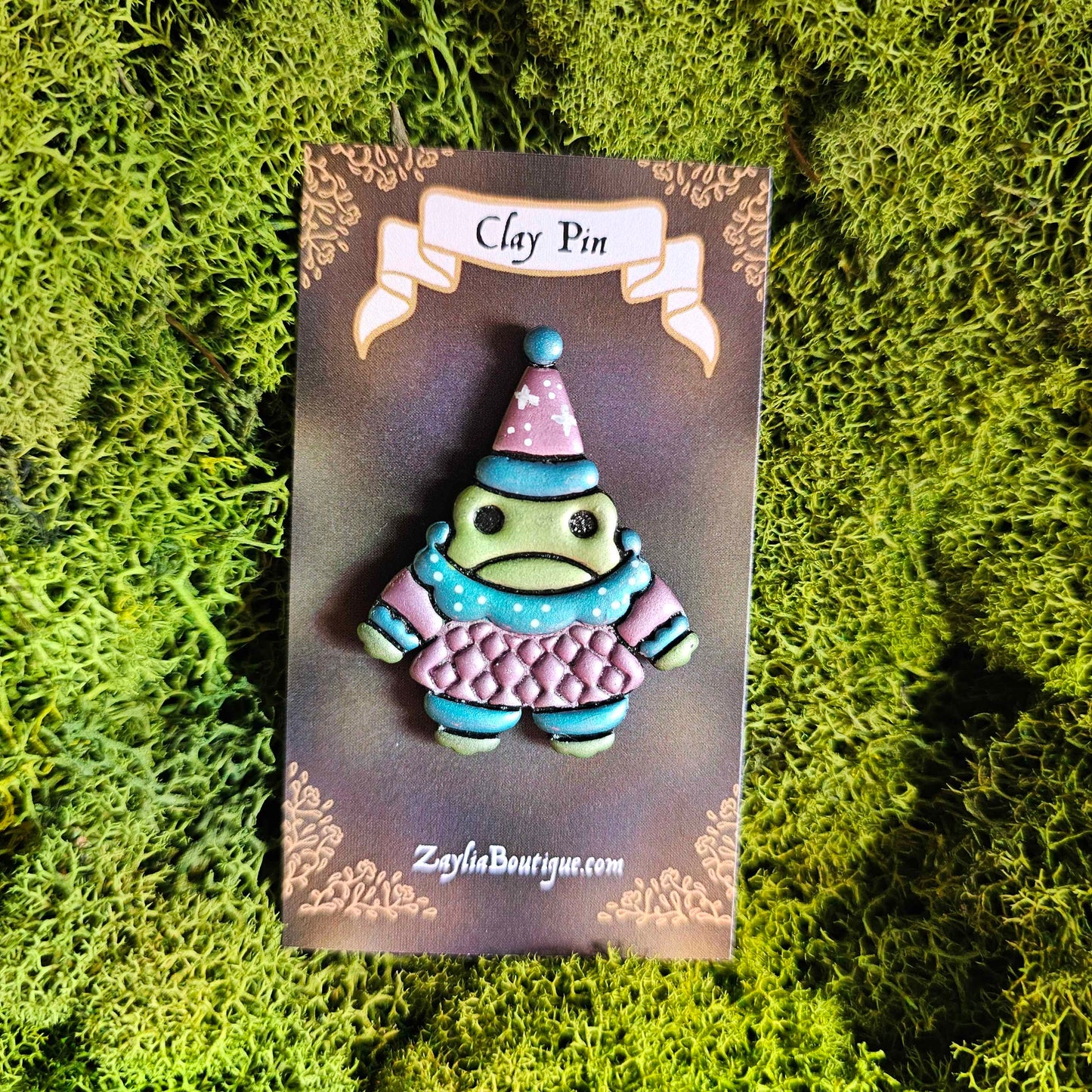 Sad Clown Frog Handmade Clay Pin