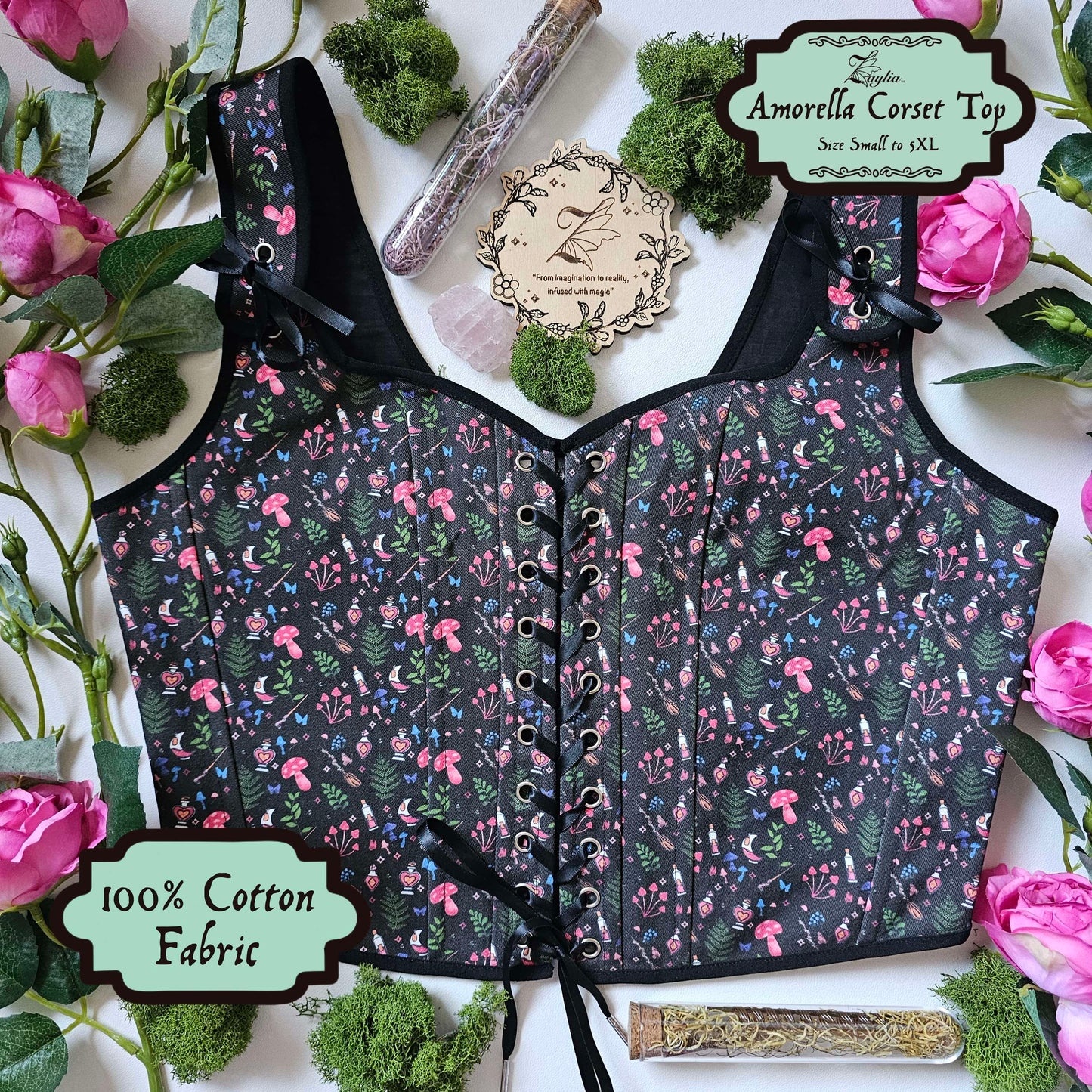 Amorella Corset Top – Witchcore & Cottagecore Corset in 100% Cotton, Sizes S–5XL