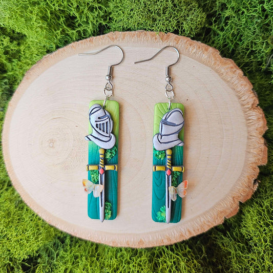 Forest-Dwelling Sword and Knight Handmade Clay Earrings