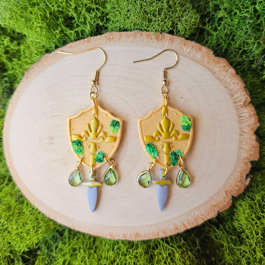 Forest-Dwelling Golden Shield Handmade Clay Earrings