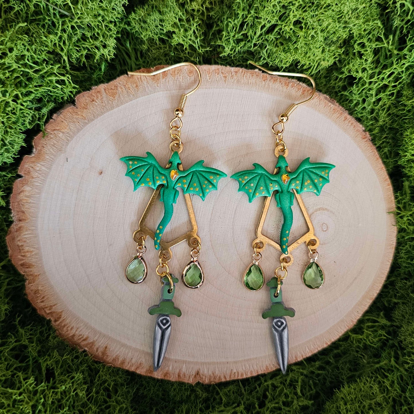 Green Dragon and Sword Clay Earrings