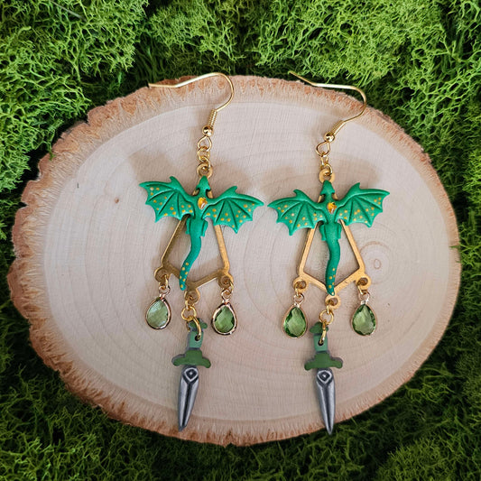Green Dragon and Sword Clay Earrings