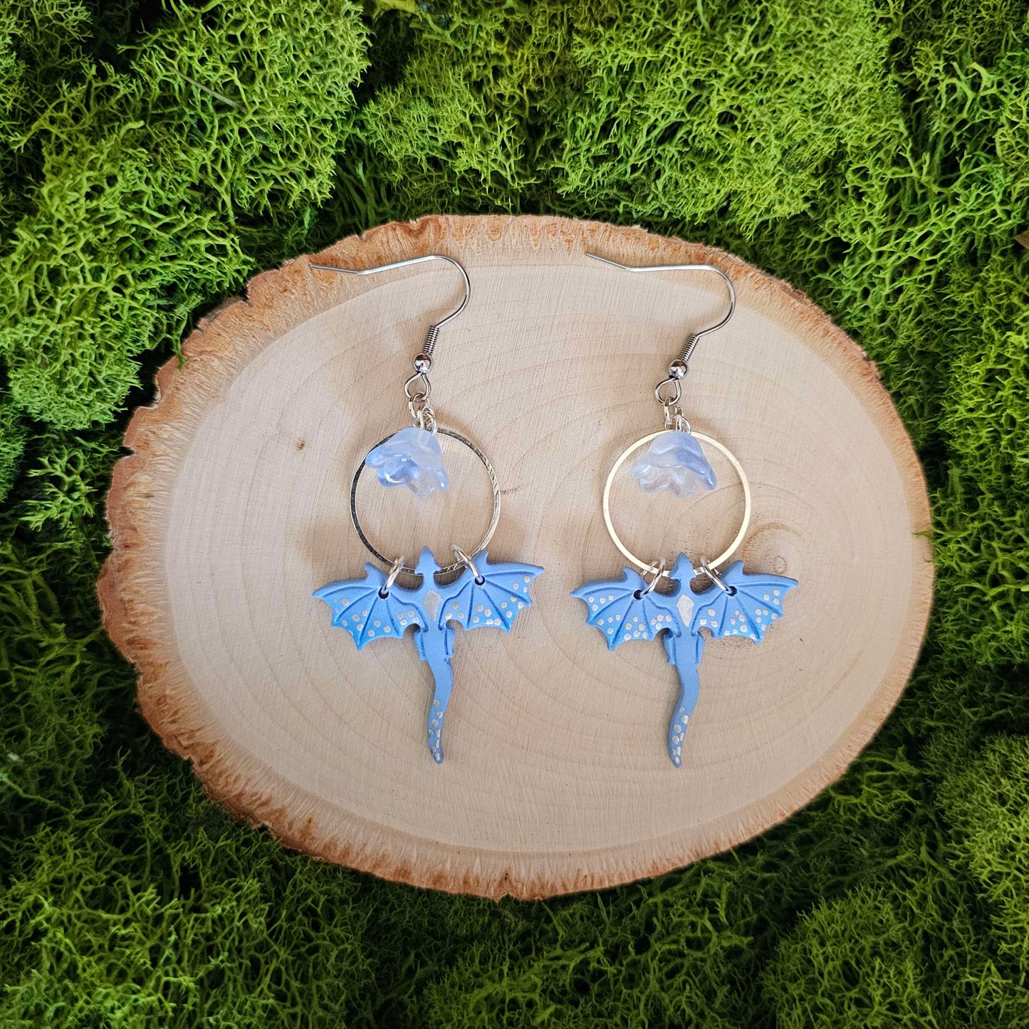 Blue Floral Dragon Handmade Clay Earrings