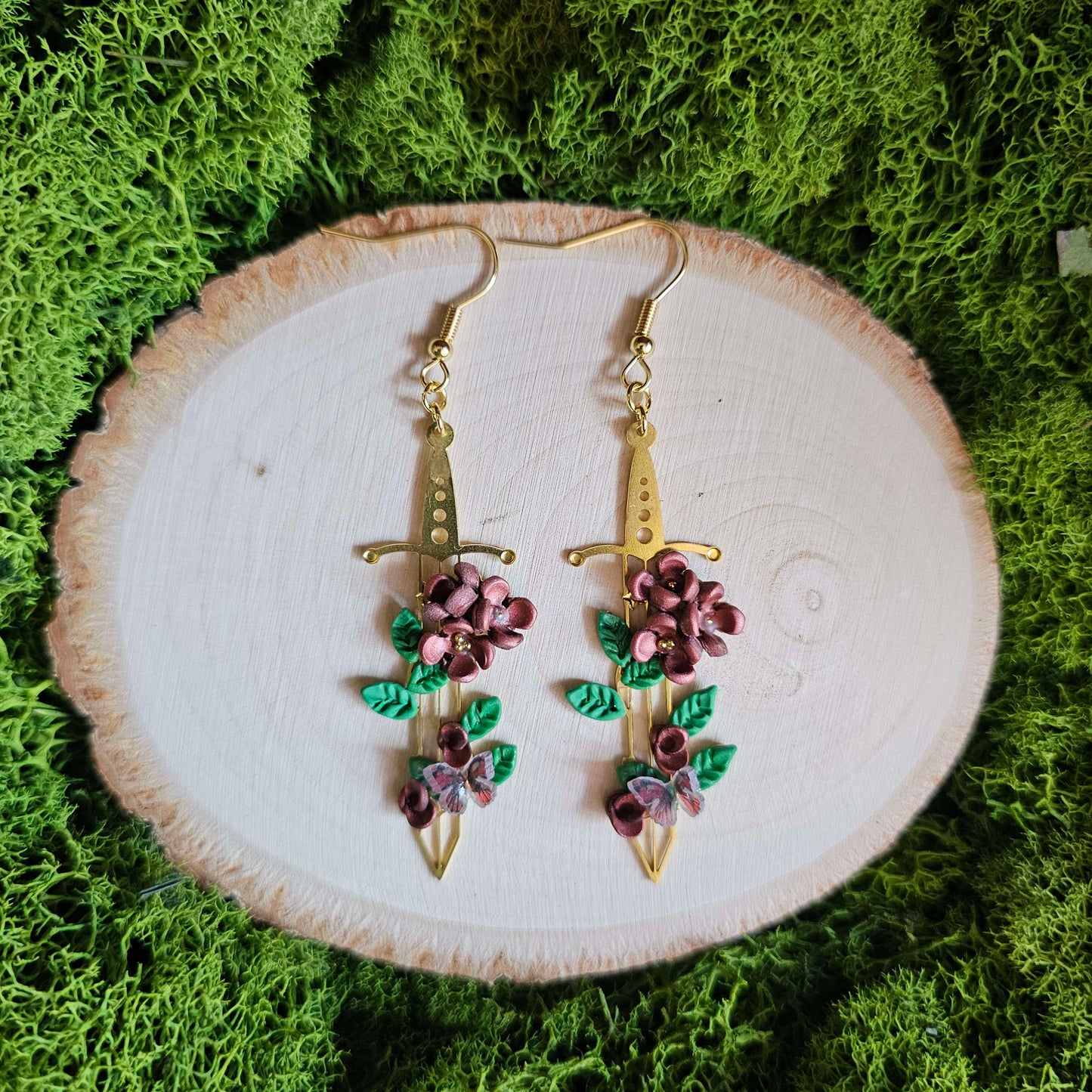Brown Floral Fantasy Sword Clay Earrings
