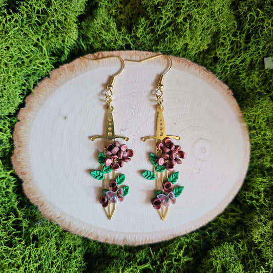 Brown Floral Fantasy Sword Clay Earrings