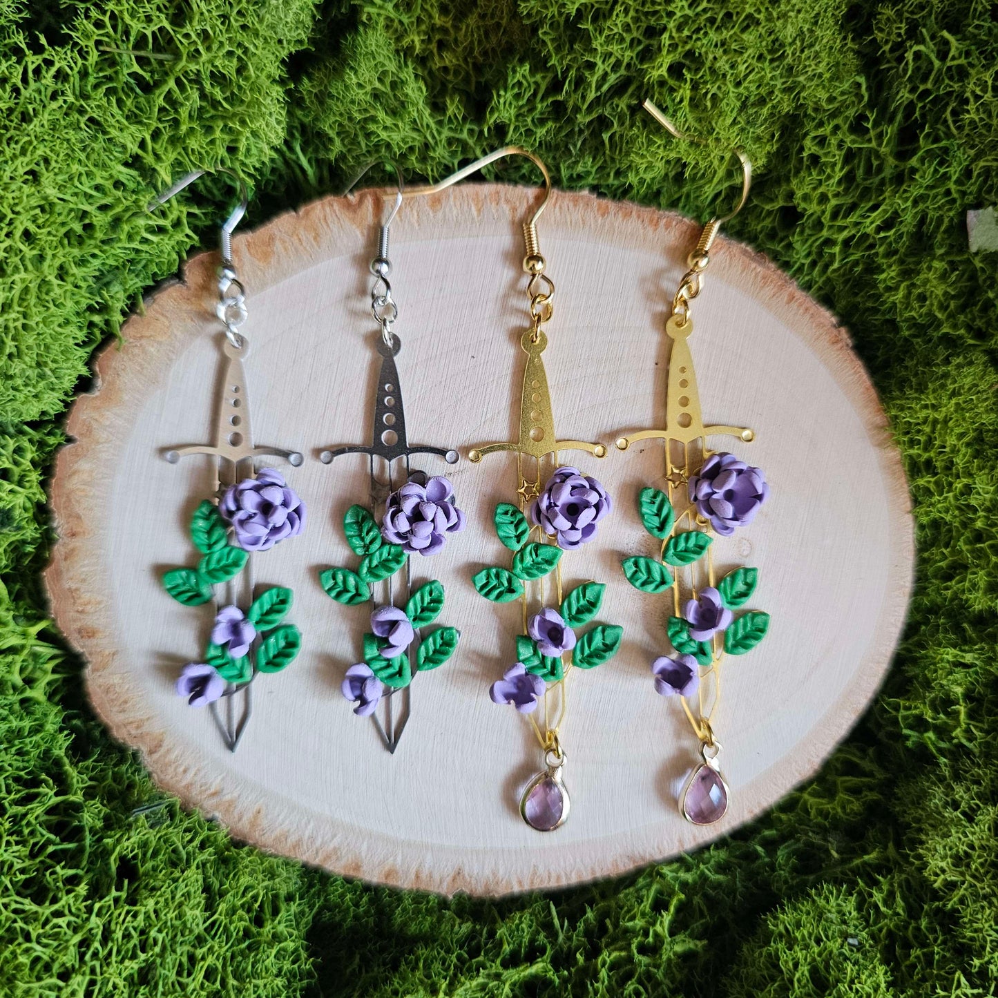 Purple Floral Fantasy Sword Clay Earrings