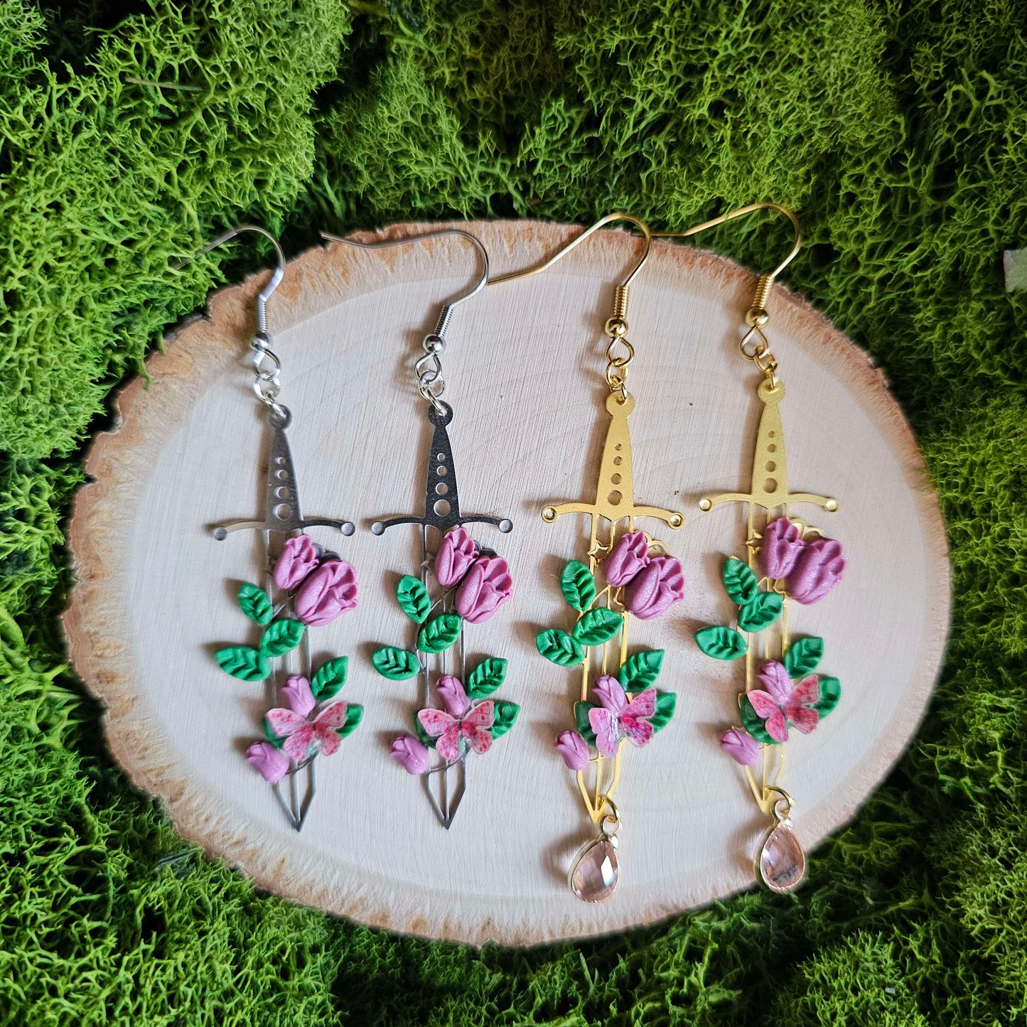 Pink Tulip Floral Fantasy Sword Clay Earrings