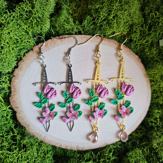Pink Tulip Floral Fantasy Sword Clay Earrings