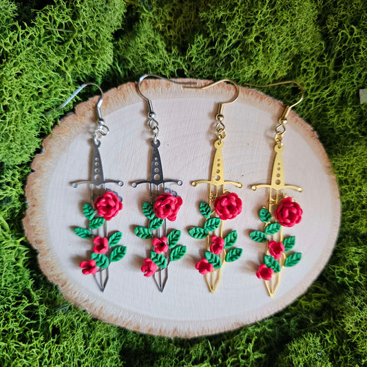 Red Floral Fantasy Sword Clay Earrings
