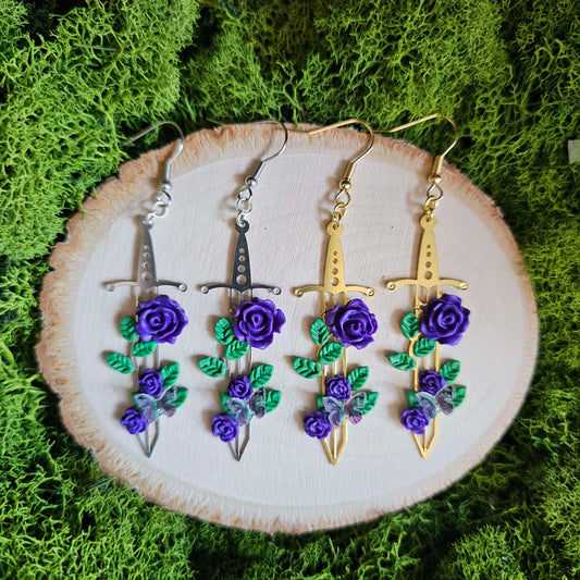 Purple Rose Floral Fantasy Sword Clay Earrings