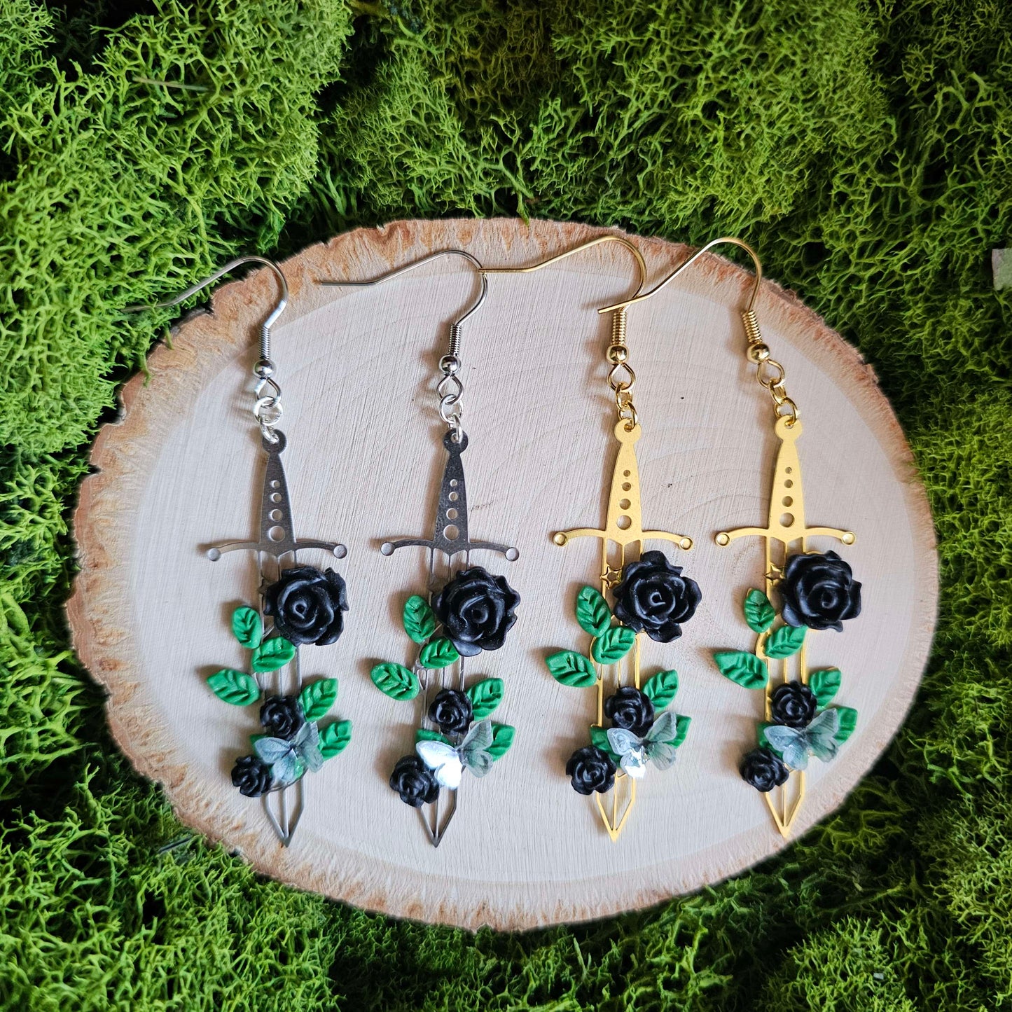 Black Rose Floral Fantasy Sword Clay Earrings