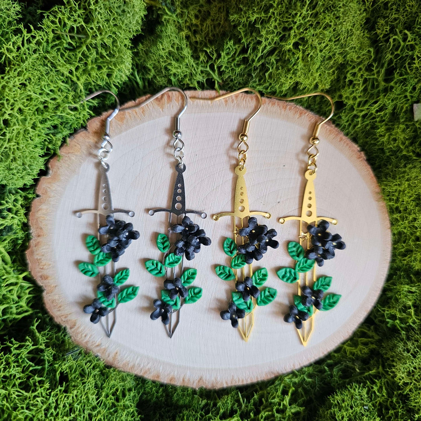 Black Blossom Floral Fantasy Sword Clay Earrings