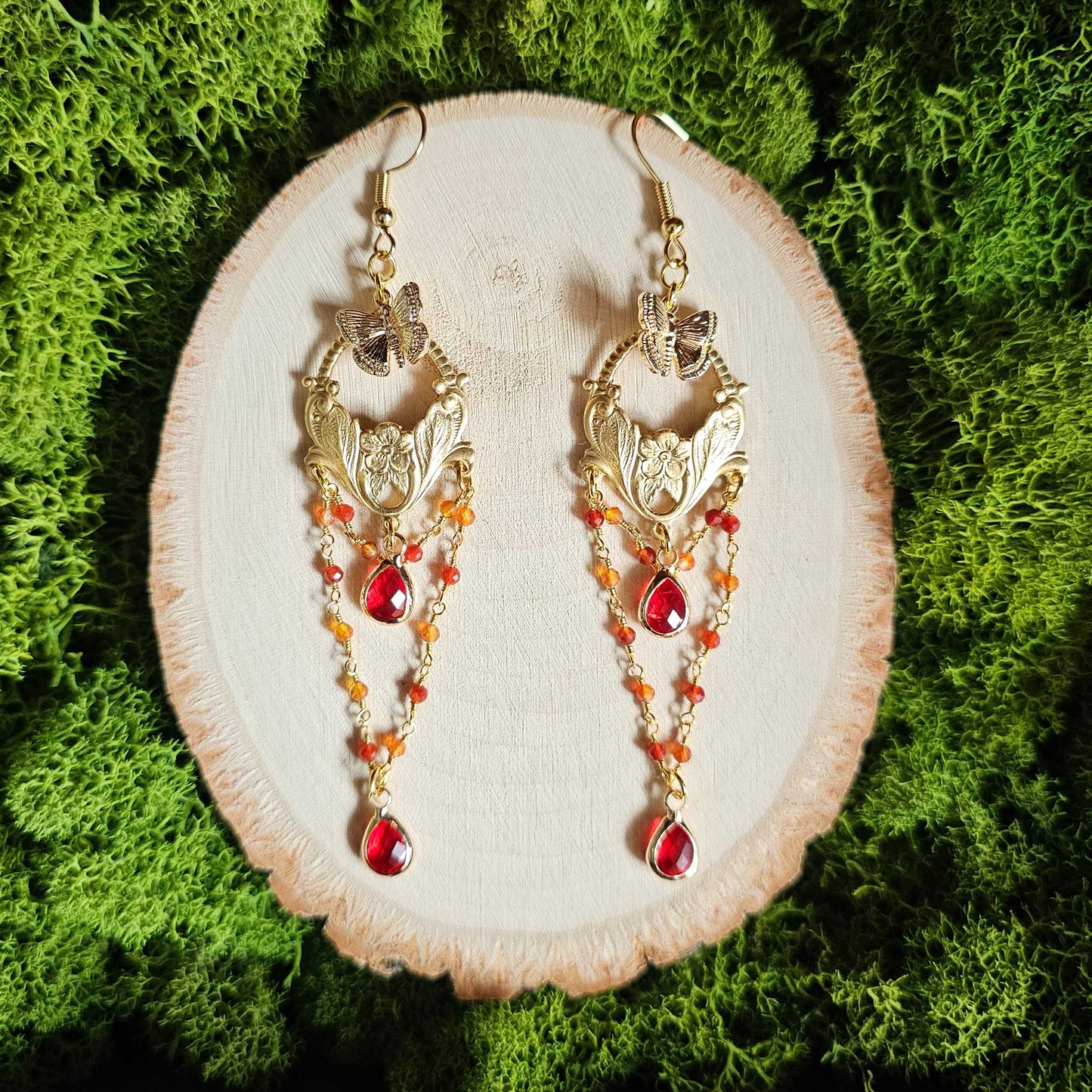 Vintage Style Art Nouveau Limited Edition Carnelian Gold Earrings