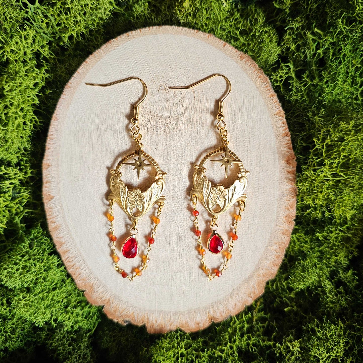 Vintage Style Art Nouveau Limited Edition Carnelian Gold Earrings