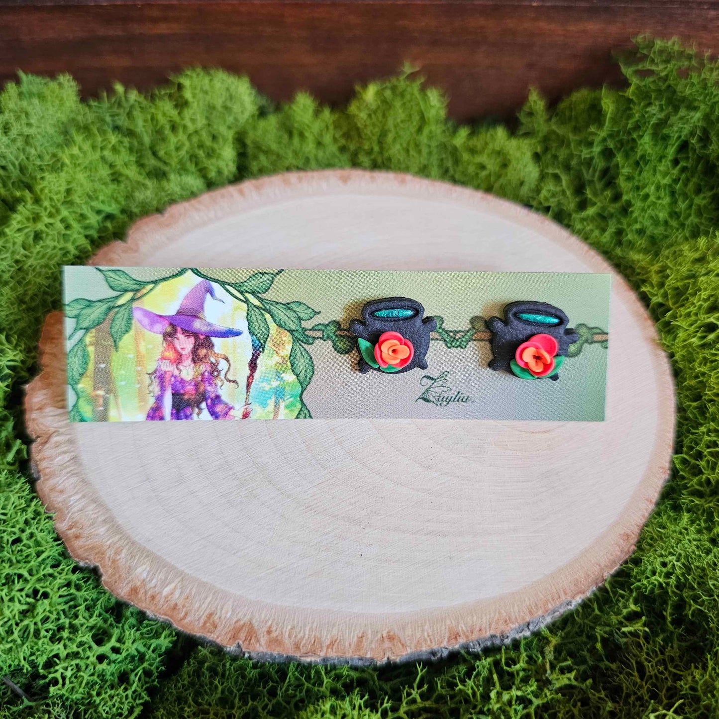 Witchy Floral Cauldron Stud Clay Earrings