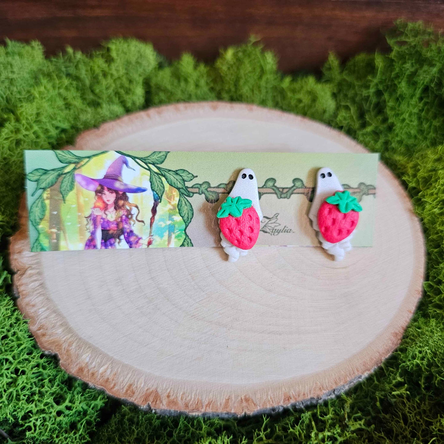 Ghost Holding Strawberry Stud Clay Earrings