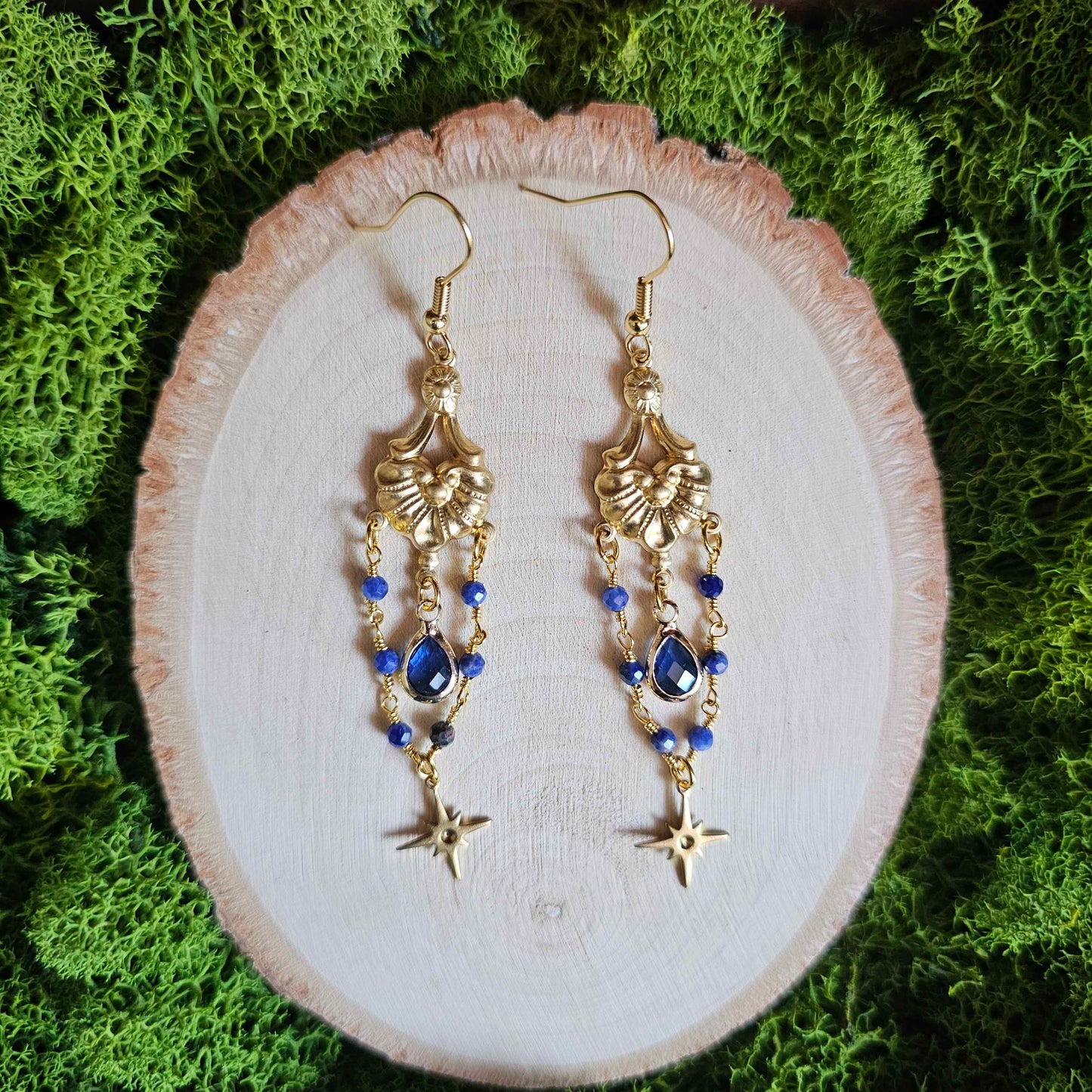 Vintage Style Art Nouveau Limited Edition Sodalite Beaded Gold Earrings