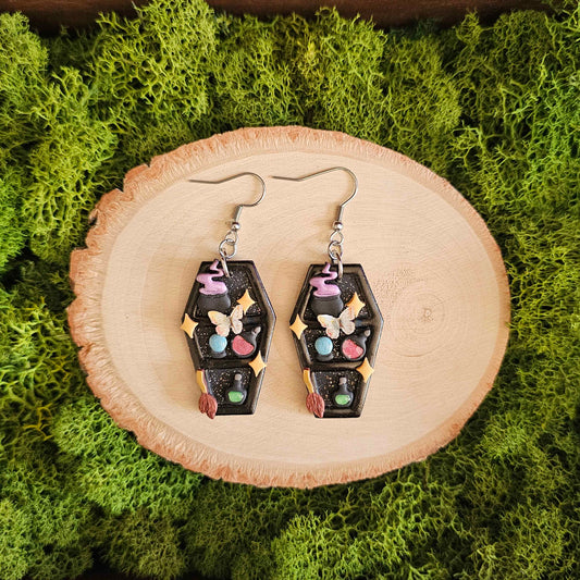 Witches Coffin Bookshelf Handmade Clay Earrings