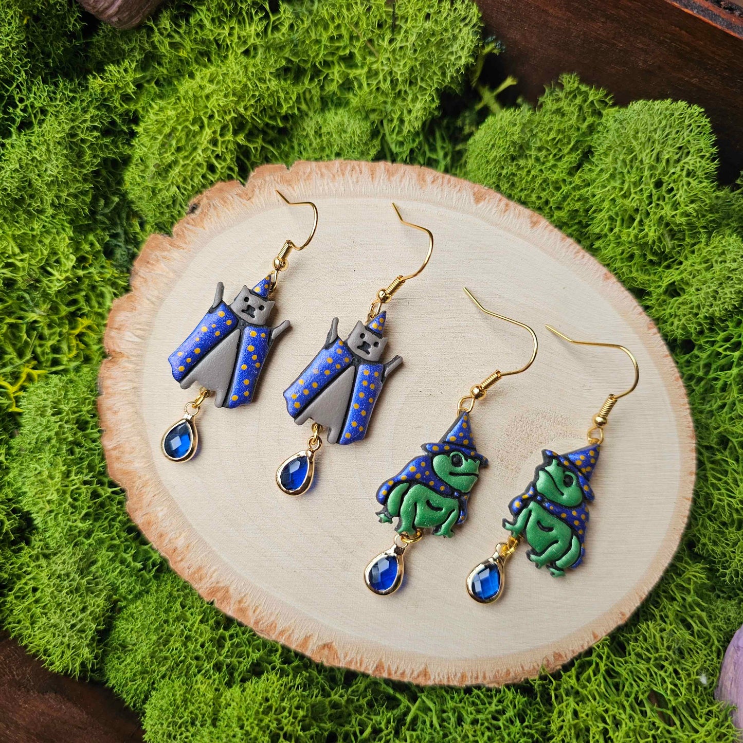 Wizard Frog and Wizard Cat Handmade Clay Earrings