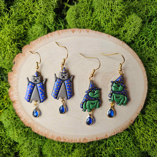 Wizard Frog and Wizard Cat Handmade Clay Earrings