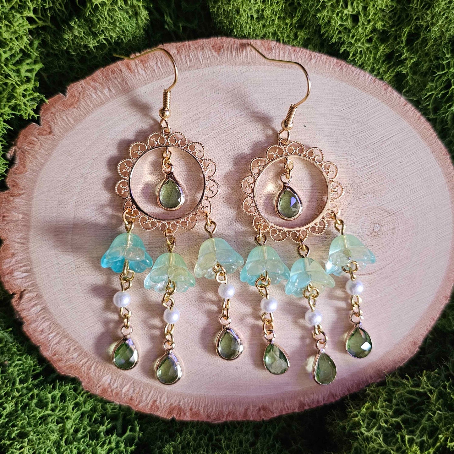 Green Fairy Portal Floral Beaded Gold Limited Edition Earrings