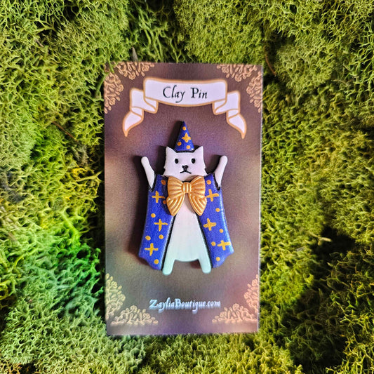 Whimsical Wizard Cat Handmade Clay Pin