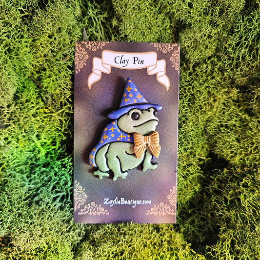 Whimsical Wizard Frog Handmade Clay Pin