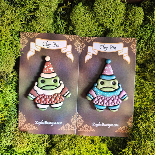 Sad Clown Frog Handmade Clay Pin