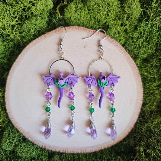 Purple Tulip Dragon Handmade Clay Earrings