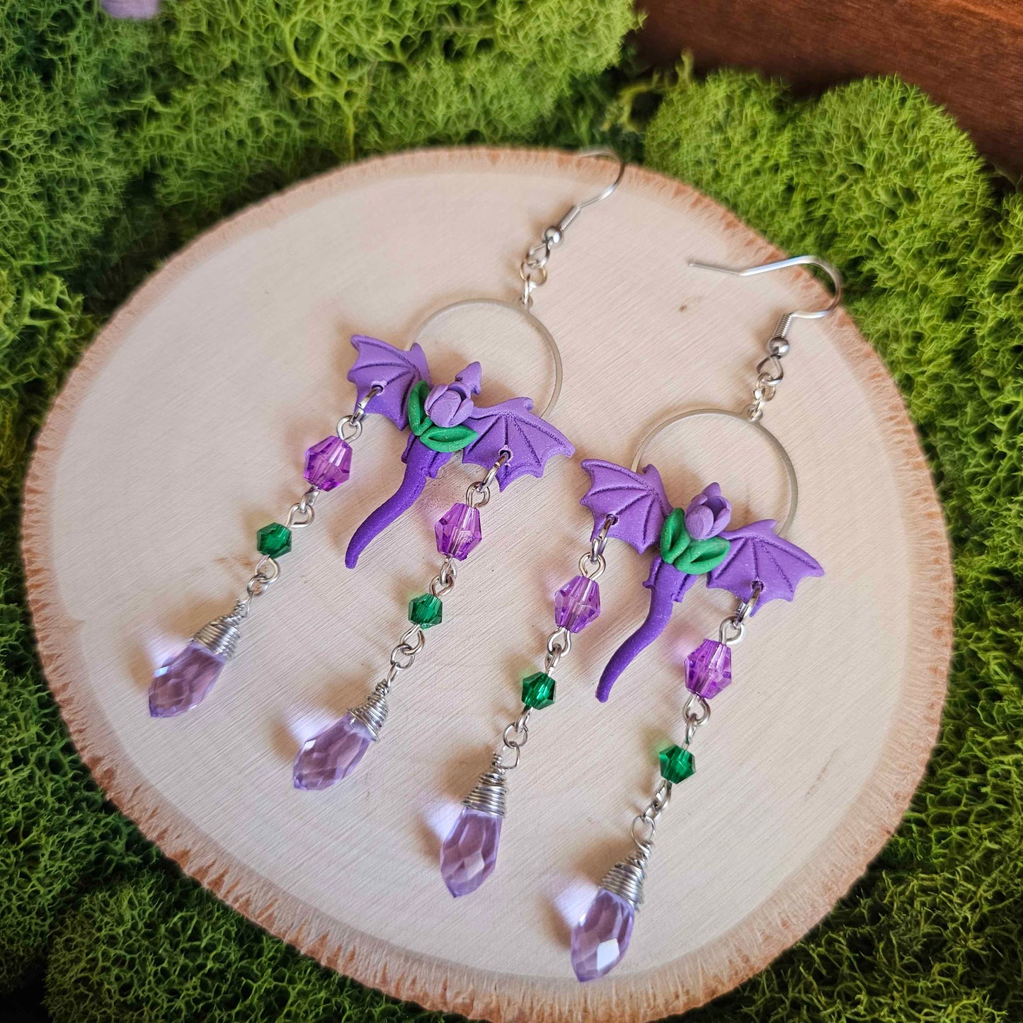 Purple Tulip Dragon Handmade Clay Earrings