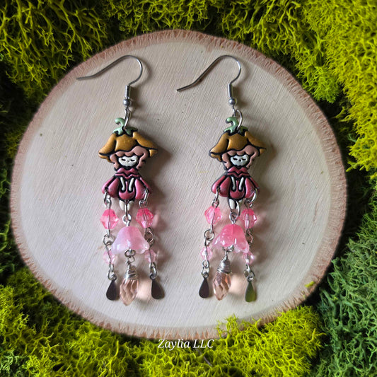 Pink Floral Girl Handmade Clay Earrings