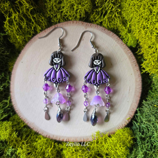 Purple Floral Girl Handmade Clay Earrings