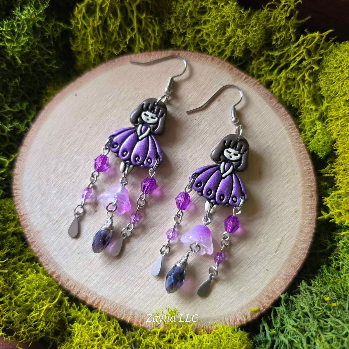 Purple Floral Girl Handmade Clay Earrings