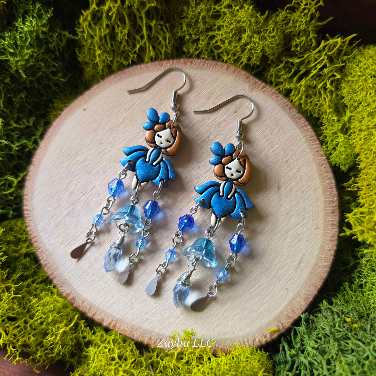 Blue Floral Girl Handmade Clay Earrings