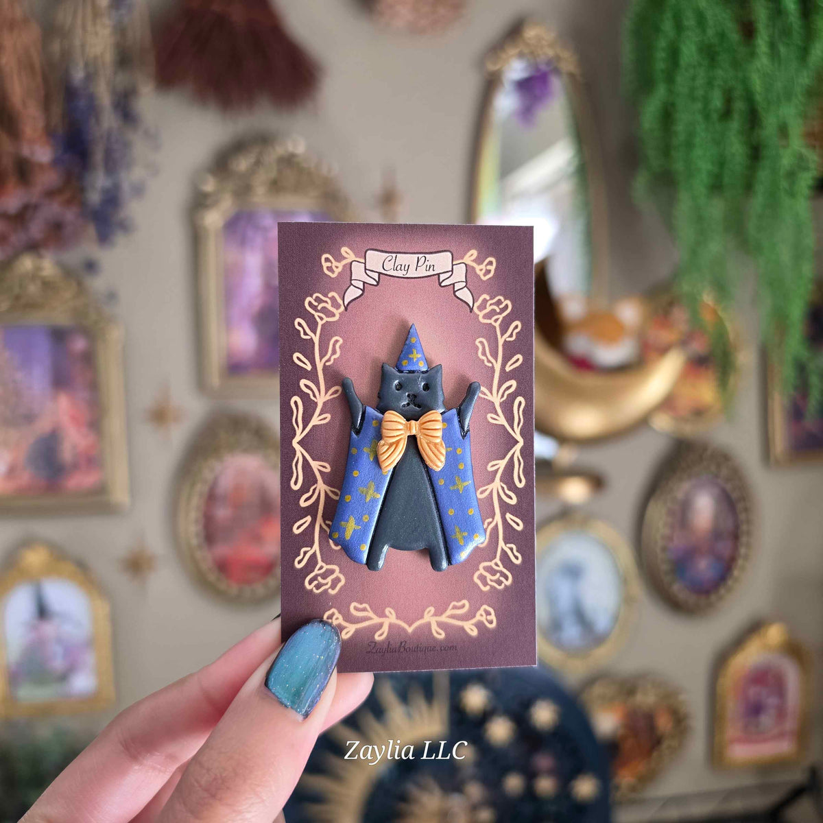 Whimsical Wizard Cat Handmade Clay Pin