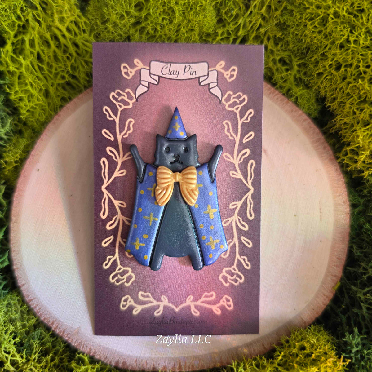 Whimsical Wizard Cat Handmade Clay Pin