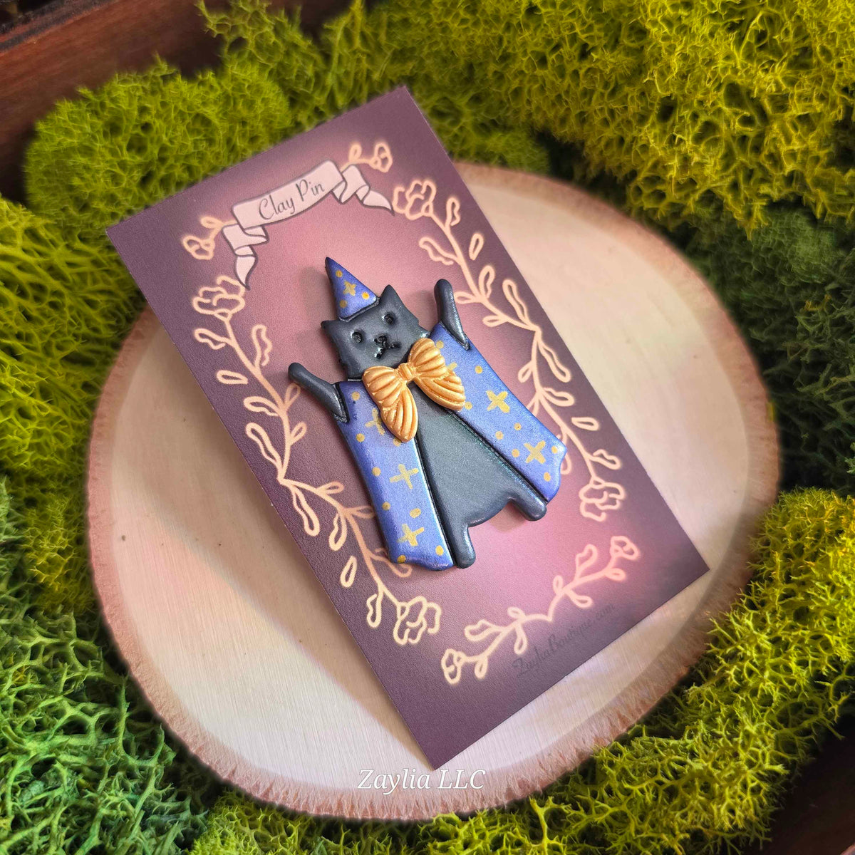 Whimsical Wizard Cat Handmade Clay Pin