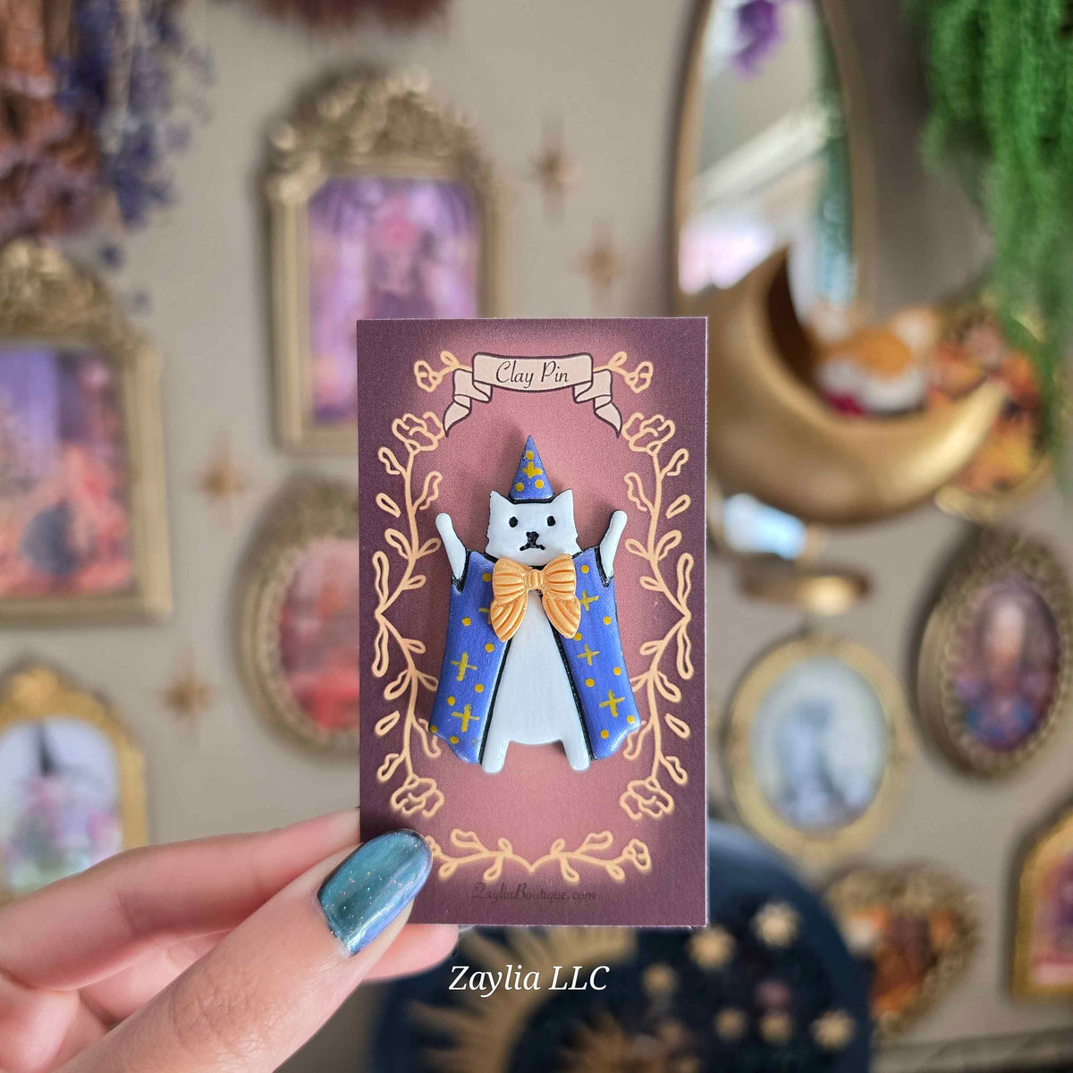 Whimsical Wizard Cat Handmade Clay Pin