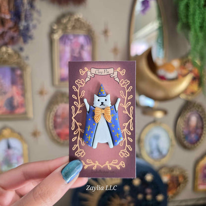 Whimsical Wizard Cat Handmade Clay Pin