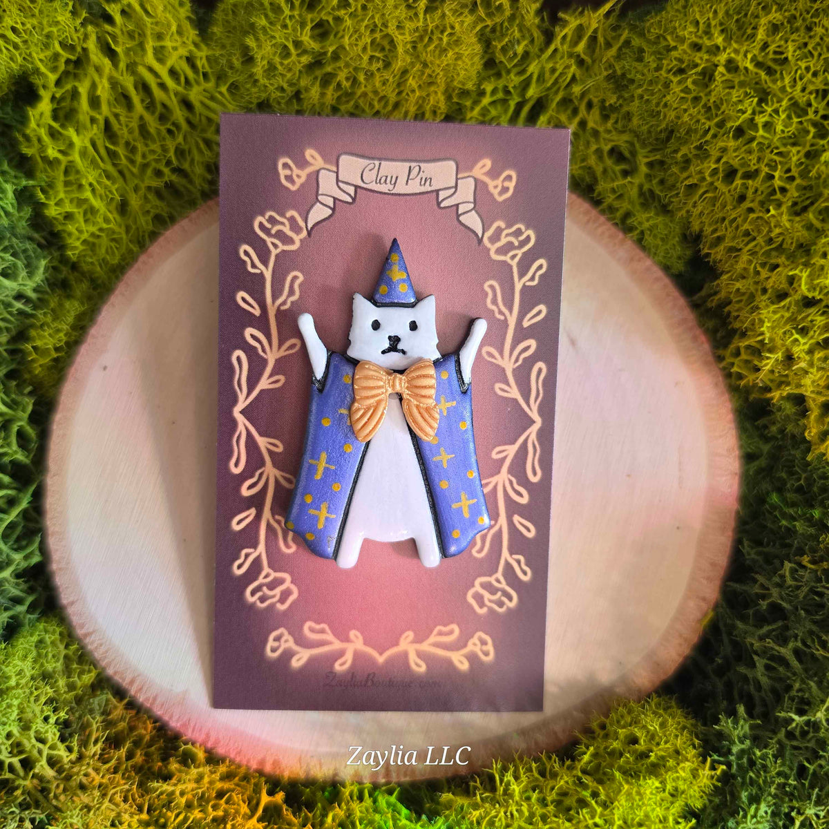 Whimsical Wizard Cat Handmade Clay Pin