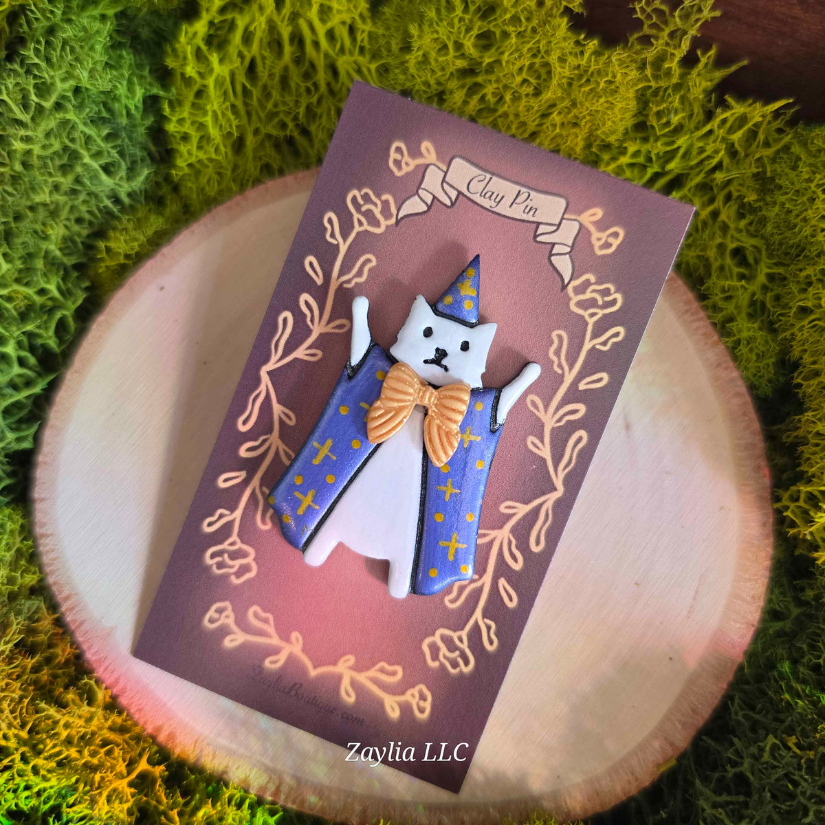 Whimsical Wizard Cat Handmade Clay Pin