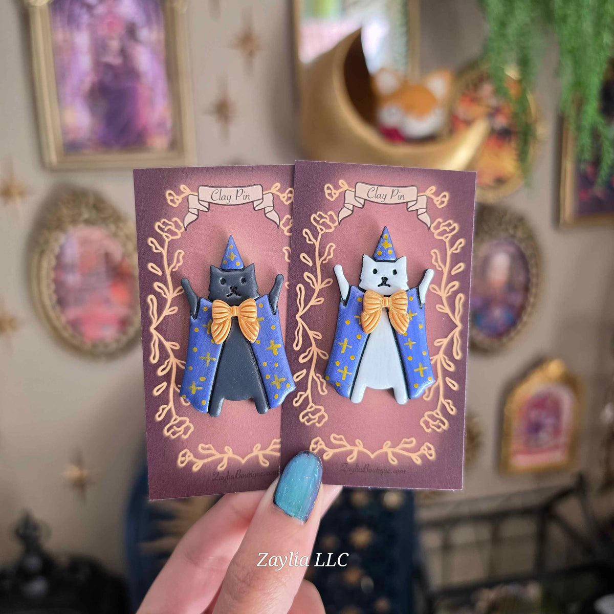 Whimsical Wizard Cat Handmade Clay Pin