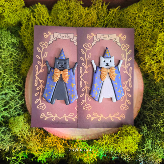 Whimsical Wizard Cat Handmade Clay Pin