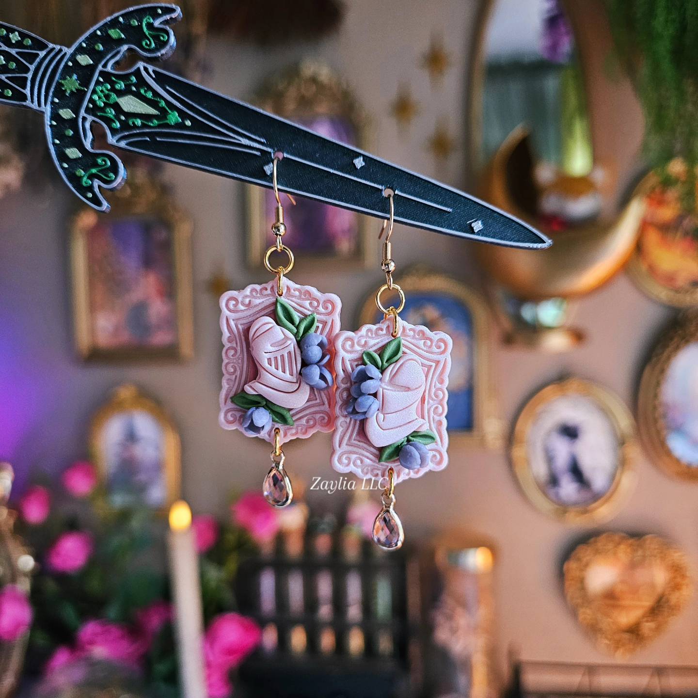 Pink Floral Knight Handmade Clay Earrings