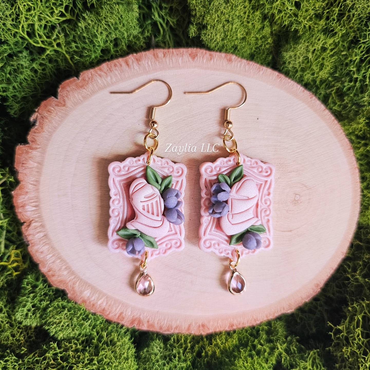 Pink Floral Knight Handmade Clay Earrings