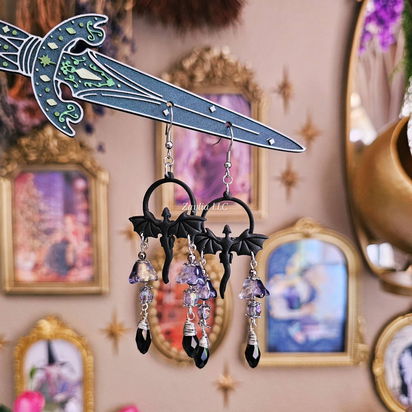Black Beaded Dragon Handmade Clay Earrings