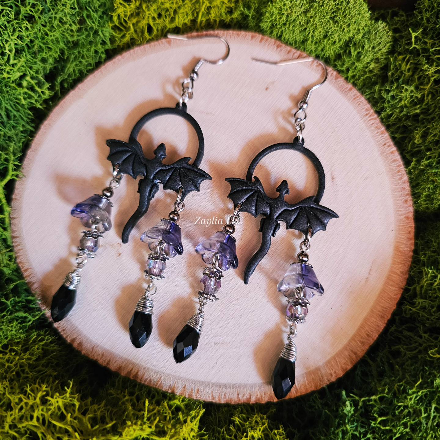 Black Beaded Dragon Handmade Clay Earrings