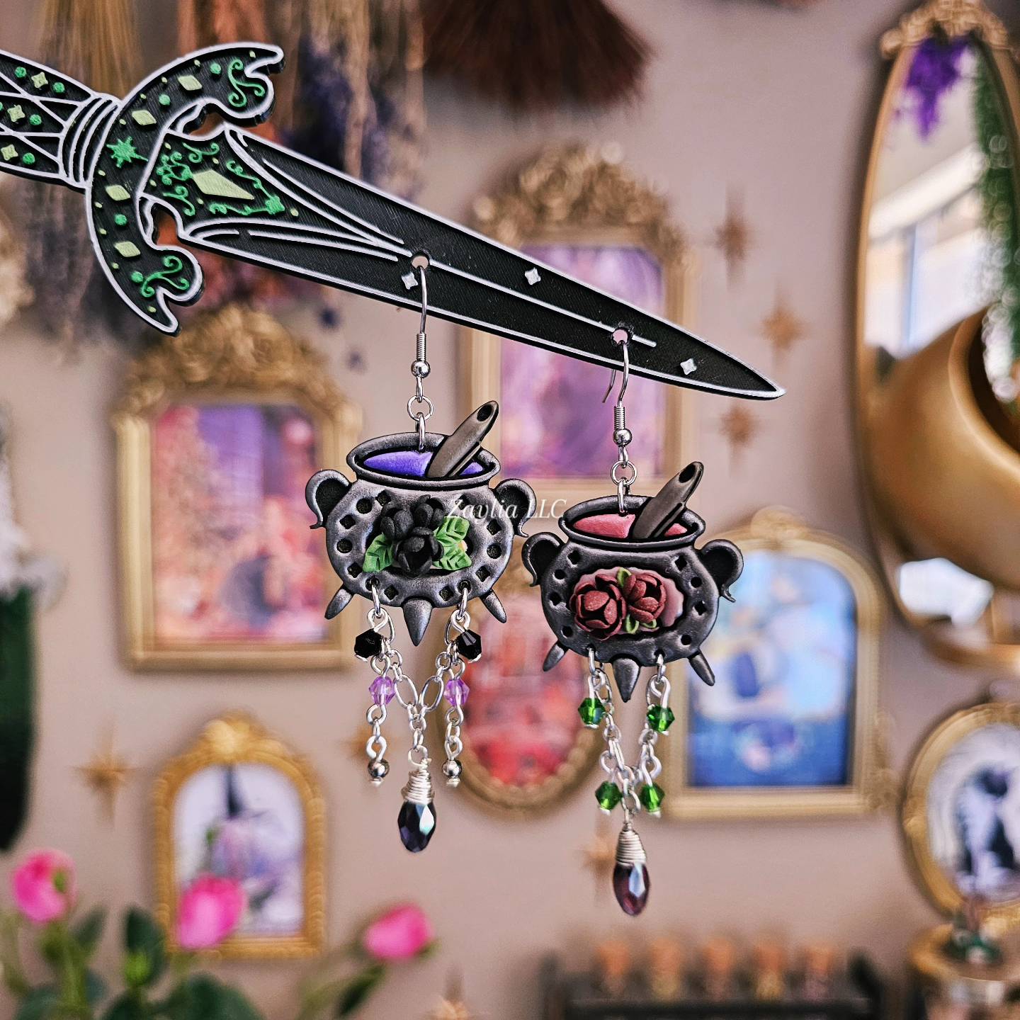 Enchanted Floral Cauldron Handmade Clay Earrings