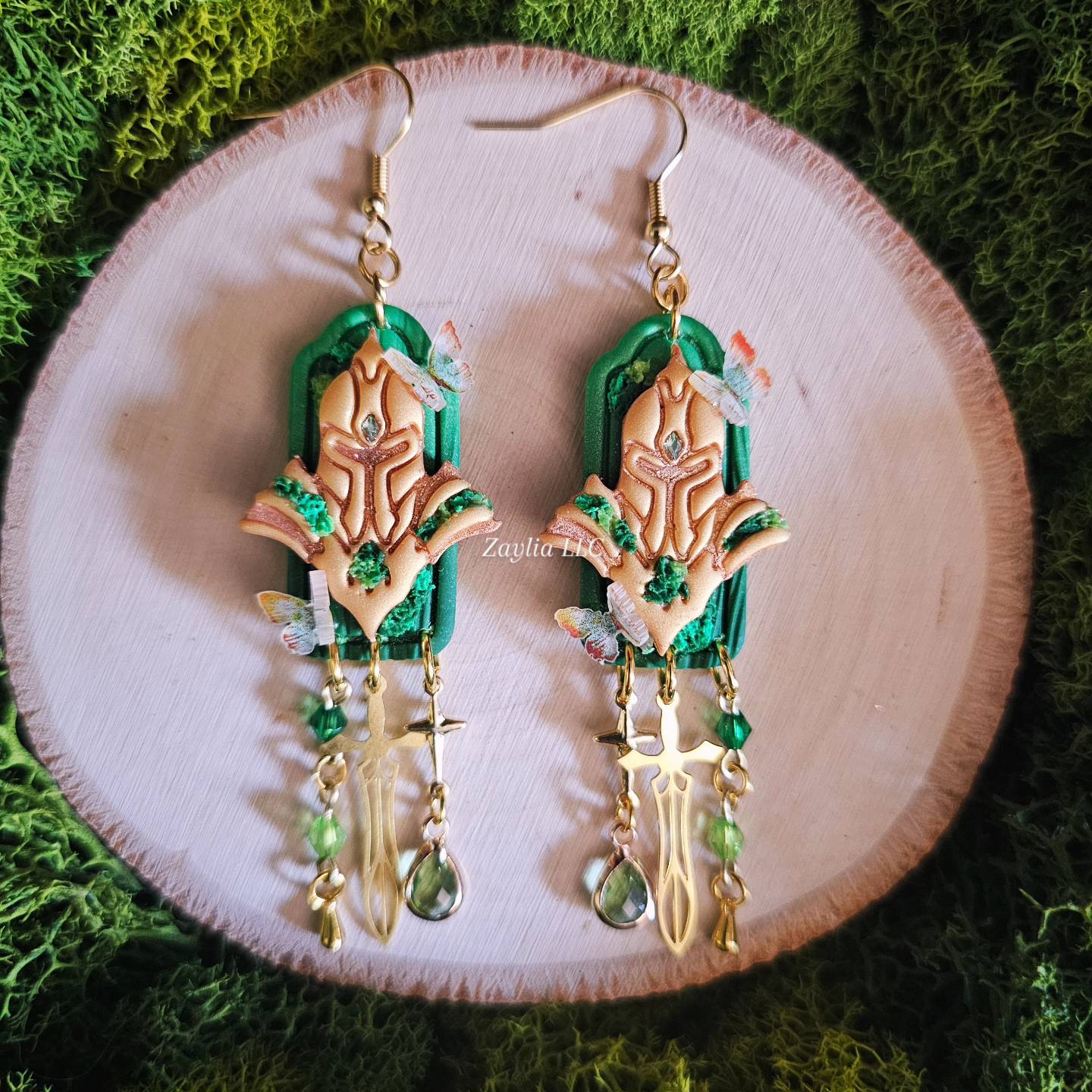 Medieval Mossy Golden Knight Handmade Clay Earrings