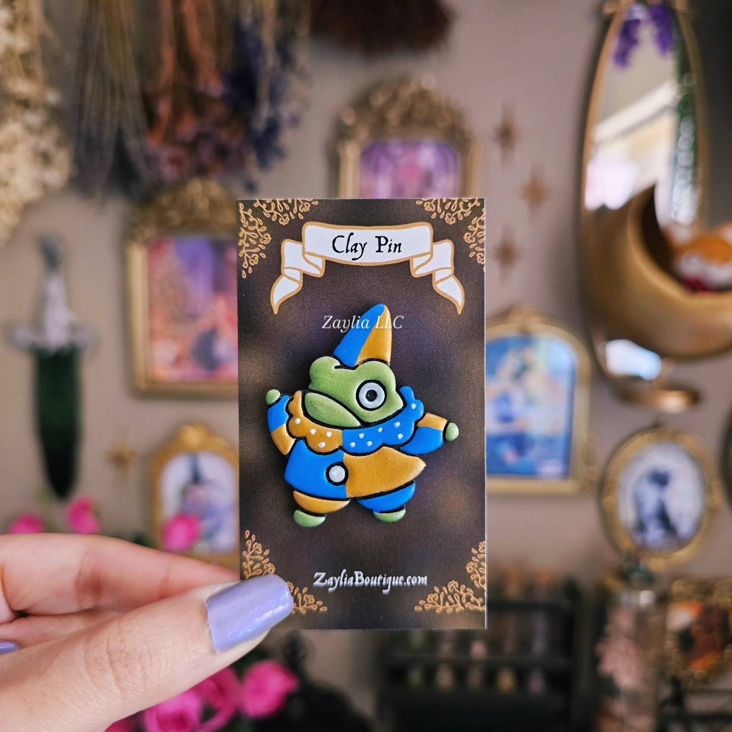 Handmade Jester Frog Clay Pins